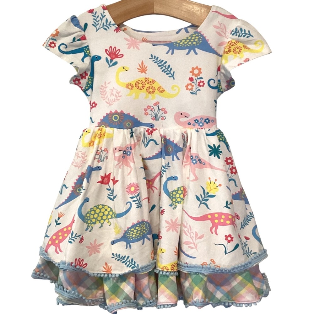 Girl August Boutique Girls Dress Dinosaur Flutter Tiered Pom Pom Pink Size 3 NWT